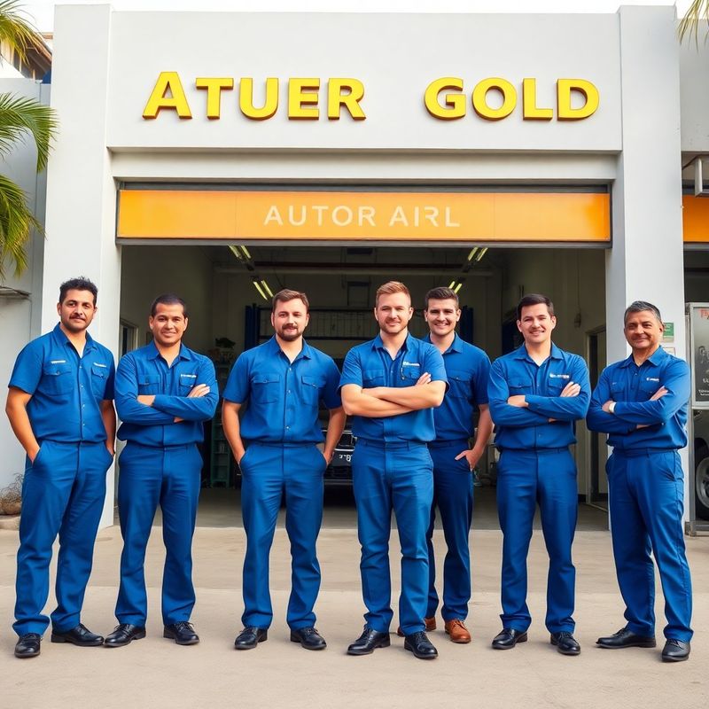 Foto da equipe de seis técnicos da Ribeiro & Almeida em frente à oficina