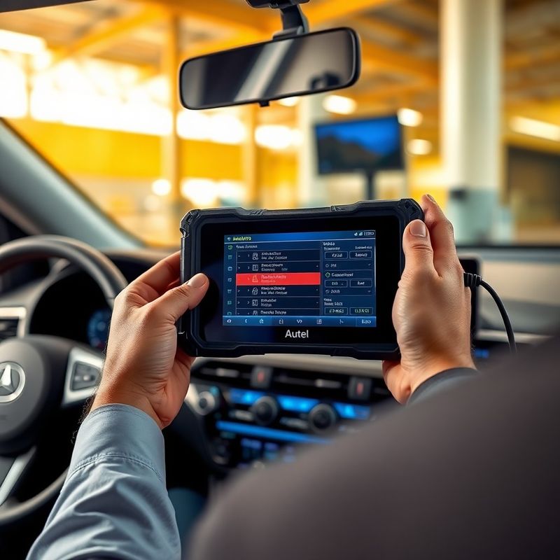 Técnico usando scanner Autel MaxiSys conectado à porta OBD de um veículo
