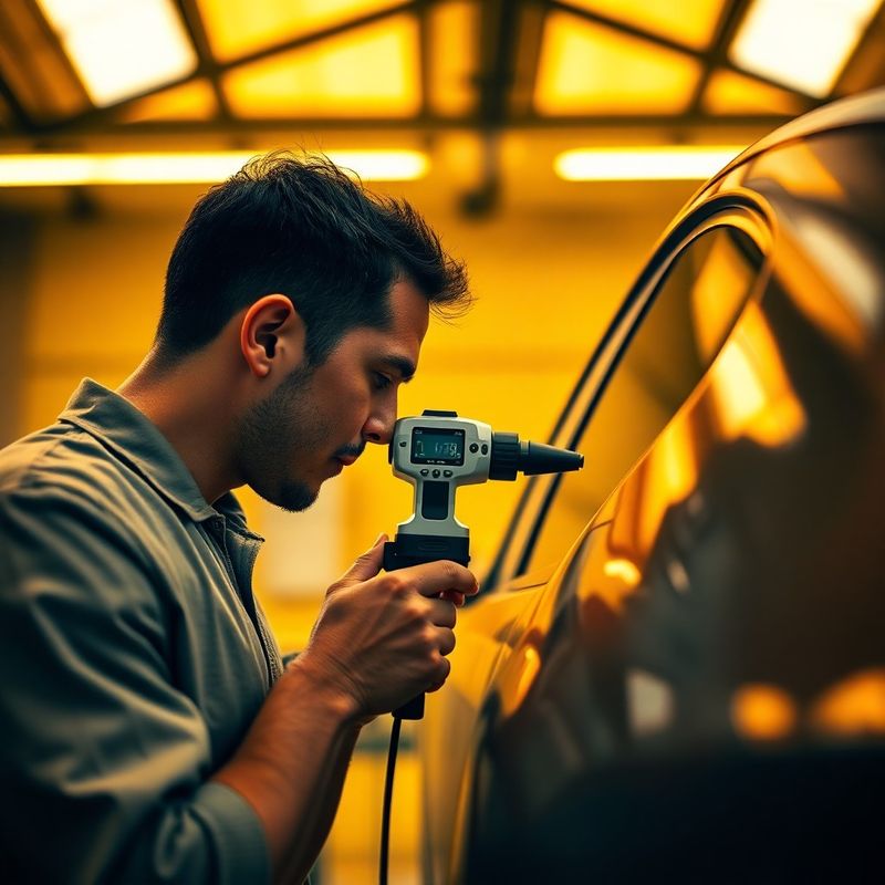 Técnico usando espectrofotômetro para igualar cor em painel de carro