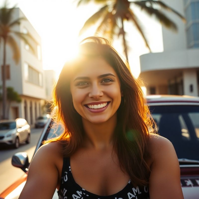 Retrato de Tatiane Rocha em frente ao seu veículo